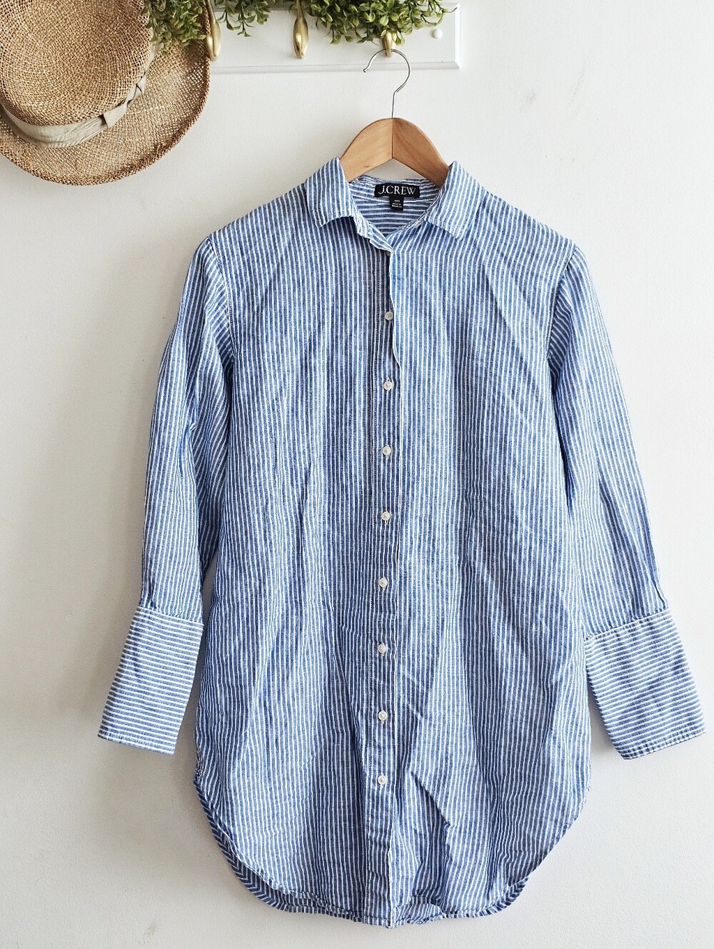 J.Crew Linen Cotton Striped Button Down Tunic Shirt Blue White XXS